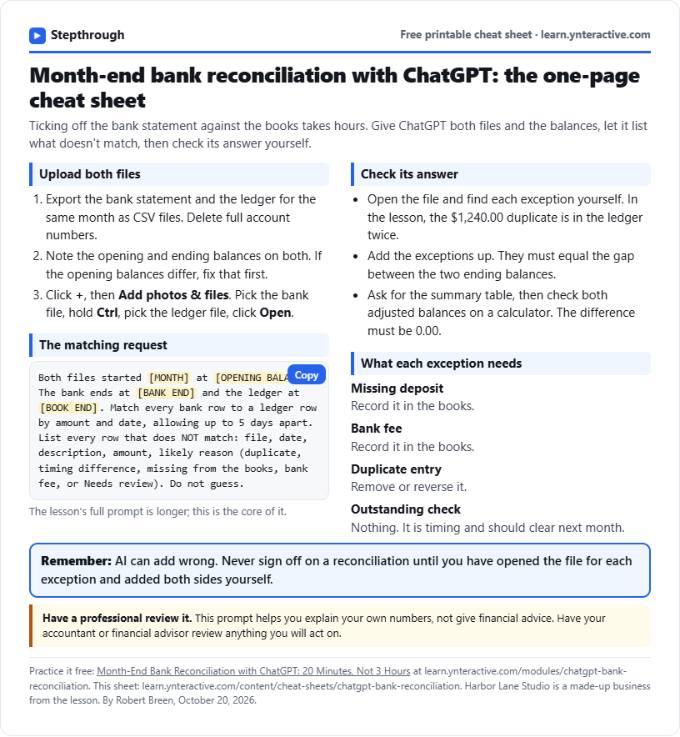 ChatGPT Bank Reconciliation Cheat Sheet: printable cheat sheet preview