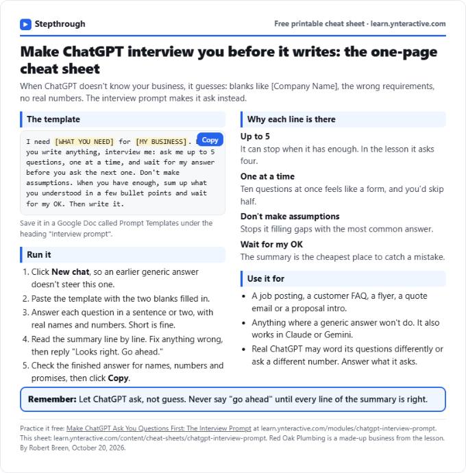 Make ChatGPT Ask You Questions First Cheat Sheet: printable cheat sheet preview