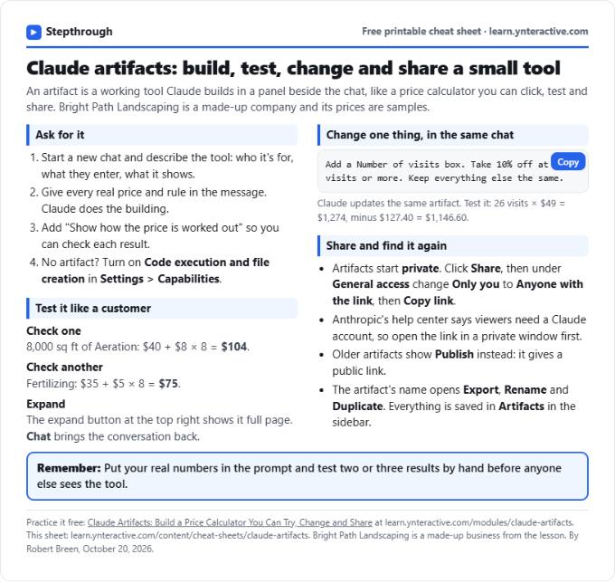 Claude Artifacts Cheat Sheet: printable cheat sheet preview