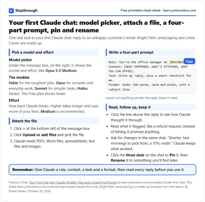 Claude First Chat Cheat Sheet: Models, Files, Prompts: printable cheat sheet preview