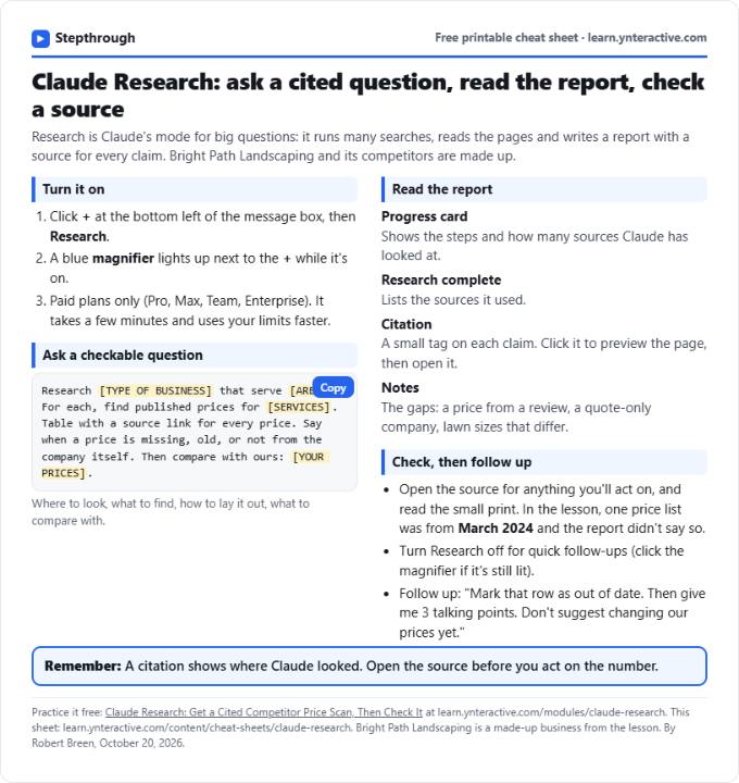 Claude Research Cheat Sheet: Cited Reports You Check: printable cheat sheet preview