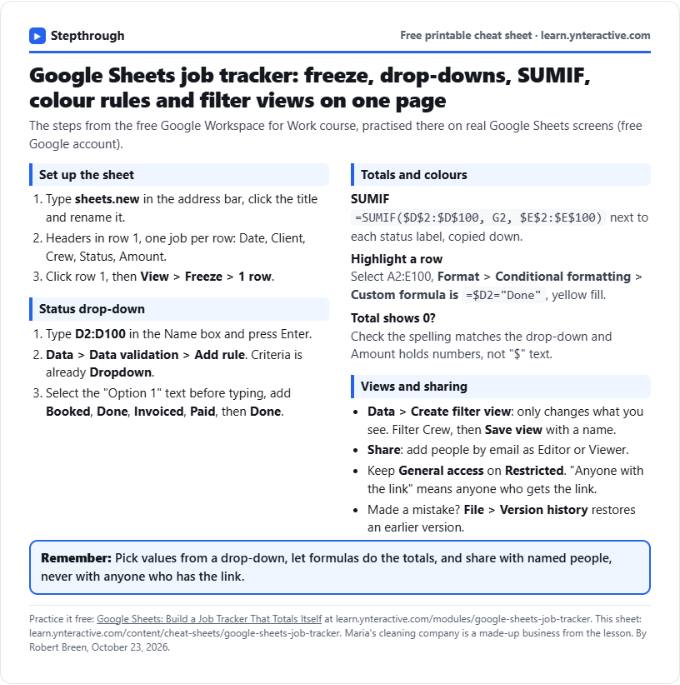 Google Sheets Job Tracker Cheat Sheet: printable cheat sheet preview