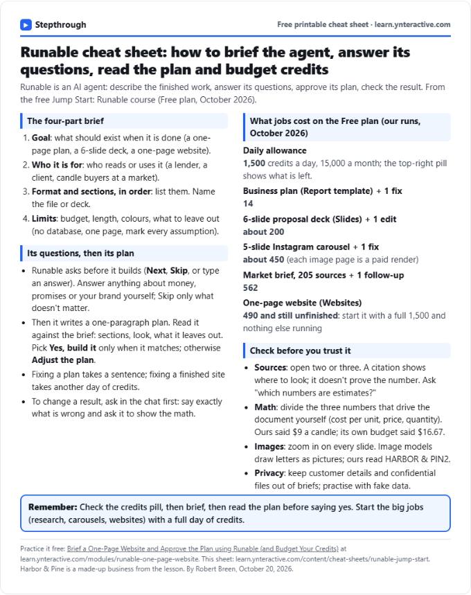 Runable Cheat Sheet: Brief, Questions, Plan, Credits: printable cheat sheet preview