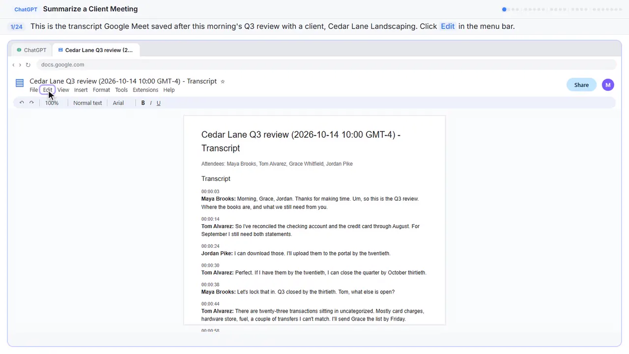 Google Docs in Stepthrough’s practice copy, step 1 of 24 (Open the Edit menu): the cursor is on “Edit”, highlighted.