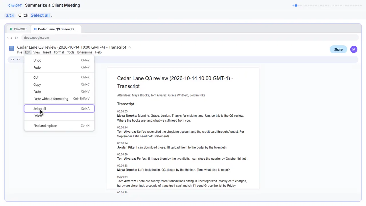Google Docs in Stepthrough’s practice copy, step 2 of 24 (Select all): the cursor is on “Select all”, highlighted.