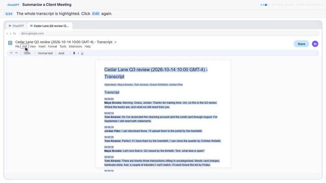 Google Docs in Stepthrough’s practice copy, step 3 of 24 (Open the Edit menu again): the cursor is on “Edit”, highlighted.