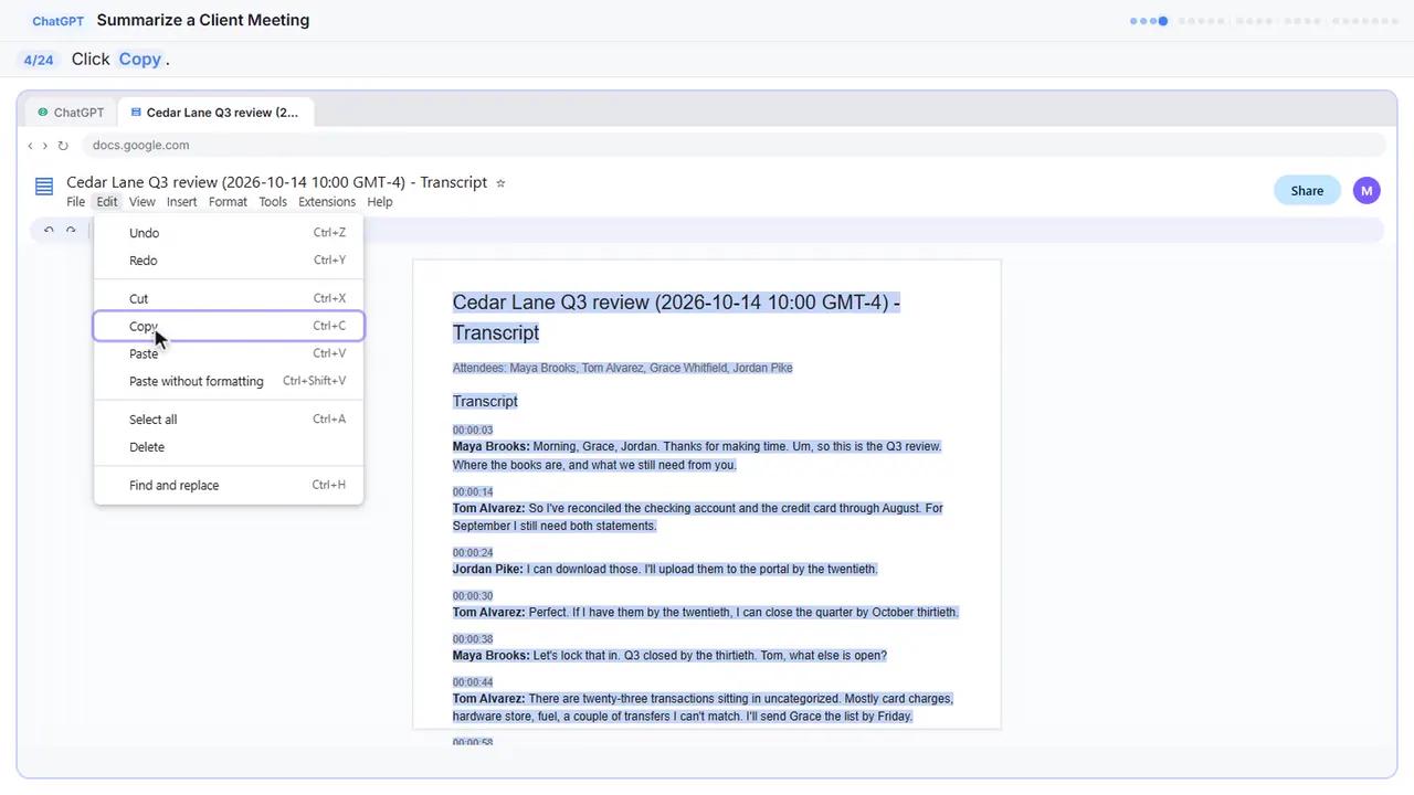 Google Docs in Stepthrough’s practice copy, step 4 of 24 (Copy it): the cursor is on “Copy”, highlighted.