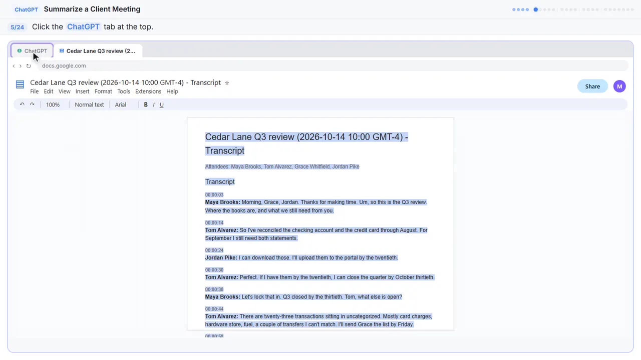 Google Docs in Stepthrough’s practice copy, step 5 of 24 (Switch to ChatGPT): the cursor is on “ChatGPT”, highlighted.