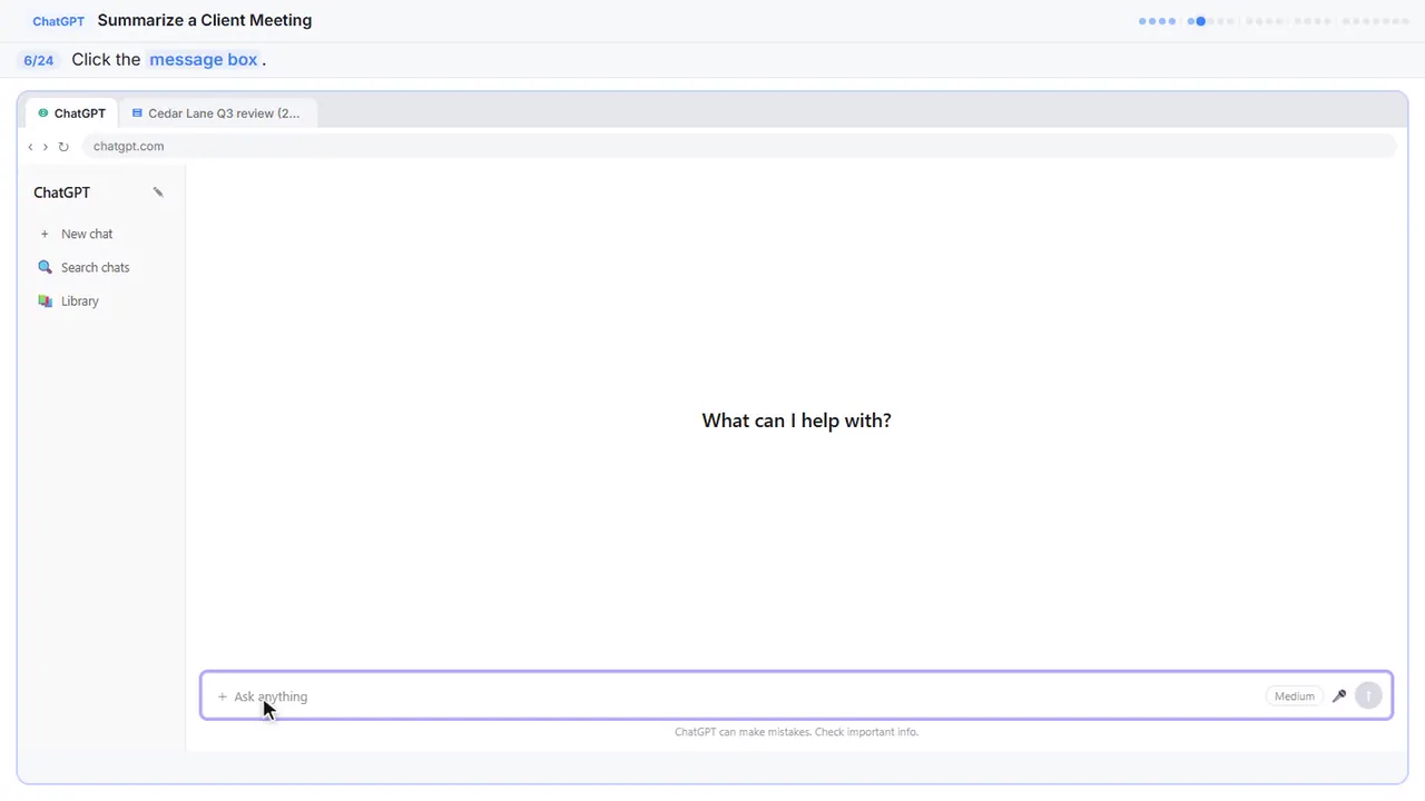 ChatGPT in Stepthrough’s practice copy, step 6 of 24 (Click the message box): the cursor is on “message box”, highlighted.