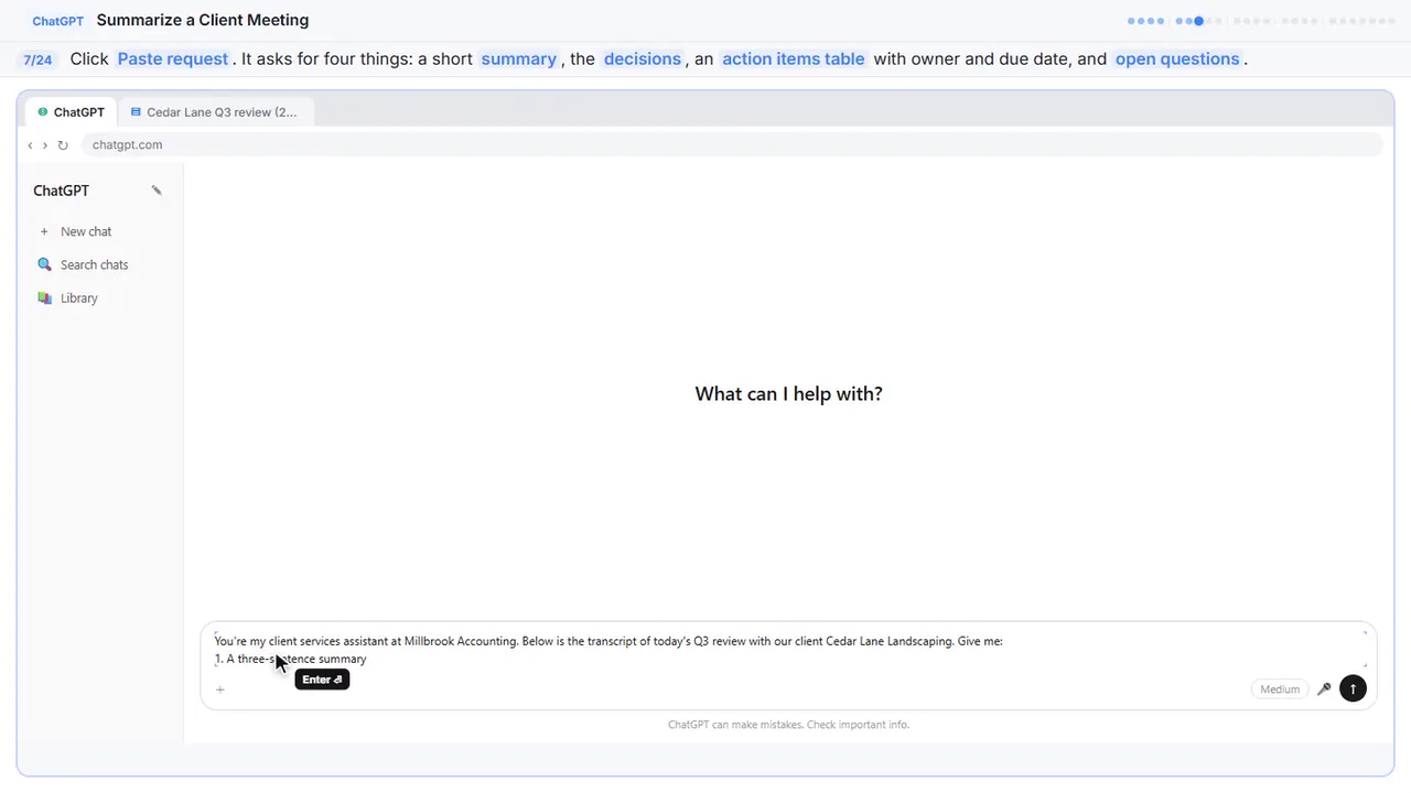 ChatGPT in Stepthrough’s practice copy, step 7 of 24 (Paste your request): the request is filled in (“You're my client services assistant at…”).
