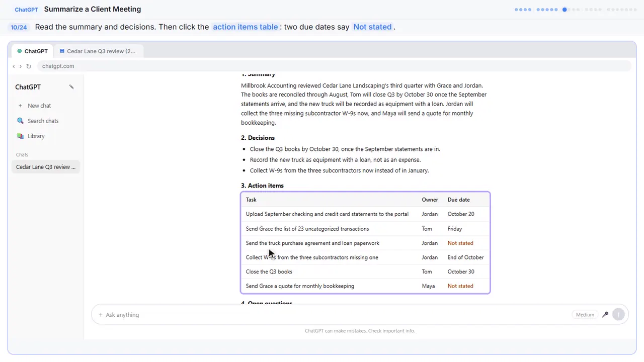 ChatGPT in Stepthrough’s practice copy, step 10 of 24 (Check the action items): the cursor is on “action items table”, highlighted.