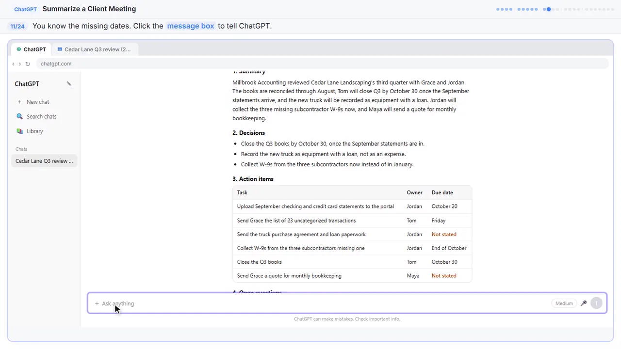 ChatGPT in Stepthrough’s practice copy, step 11 of 24 (Click the message box): the cursor is on “message box”, highlighted.