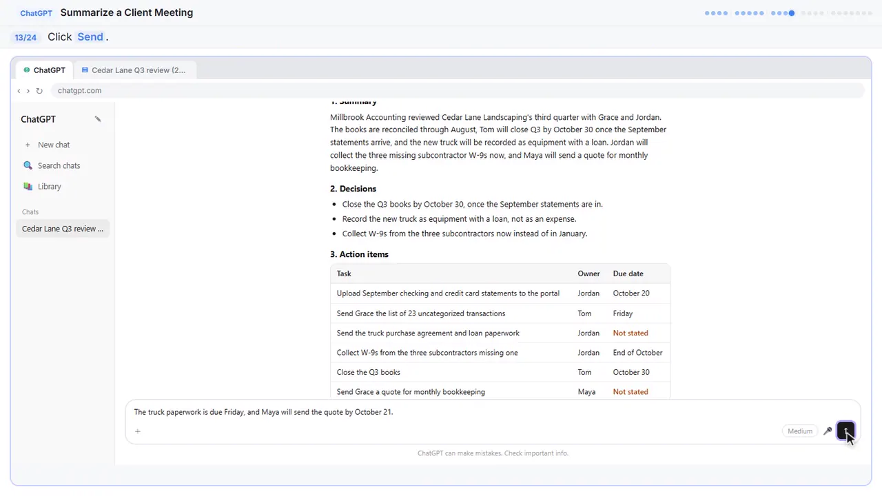 ChatGPT in Stepthrough’s practice copy, step 13 of 24 (Send it): the cursor is on “Send”, highlighted.