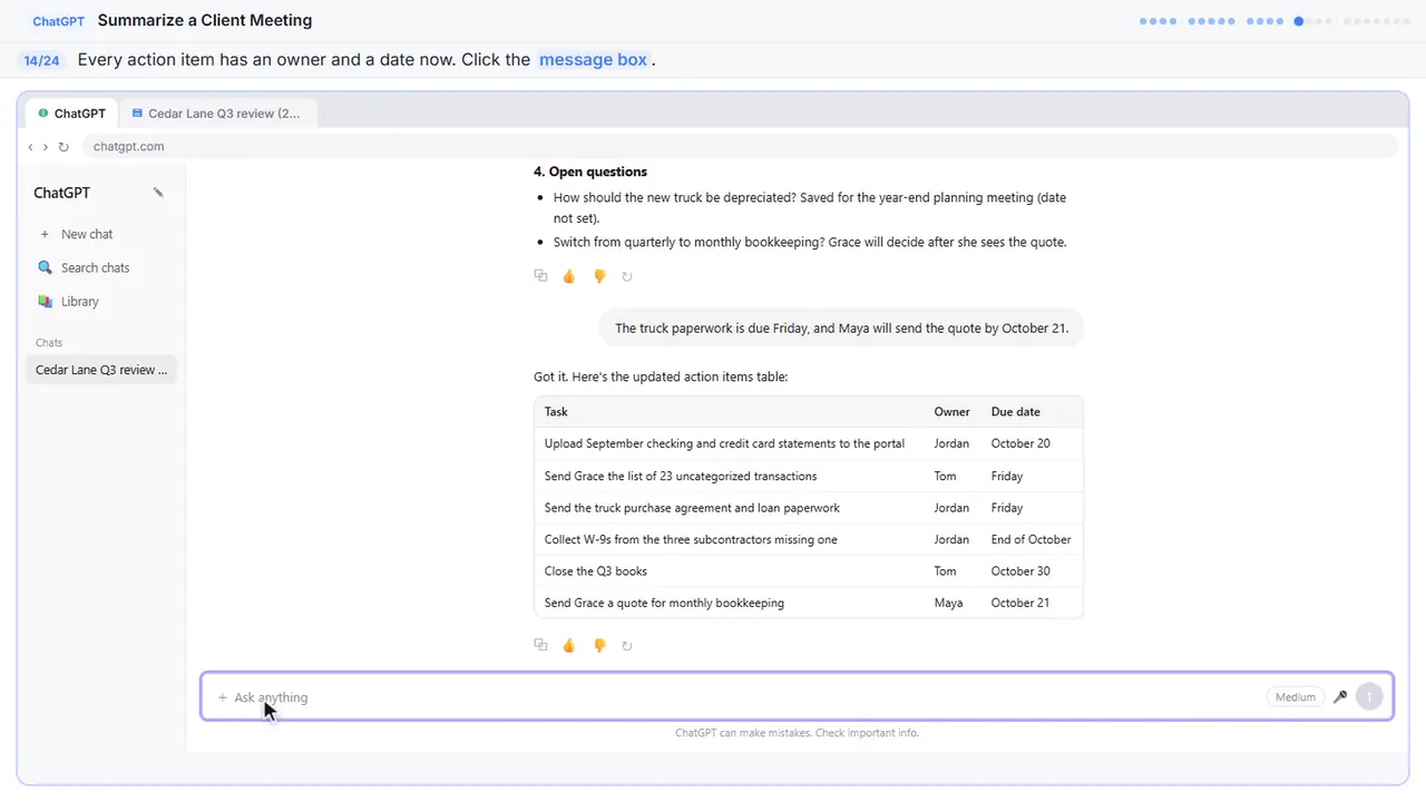 ChatGPT in Stepthrough’s practice copy, step 14 of 24 (Click the message box): the cursor is on “message box”, highlighted.