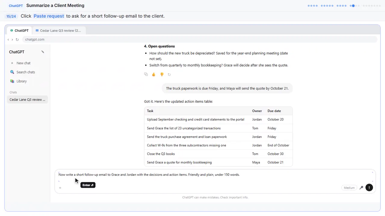 ChatGPT in Stepthrough’s practice copy, step 15 of 24 (Ask for the follow-up email): the request is filled in (“Now write a short follow-up email to Grace and…”).