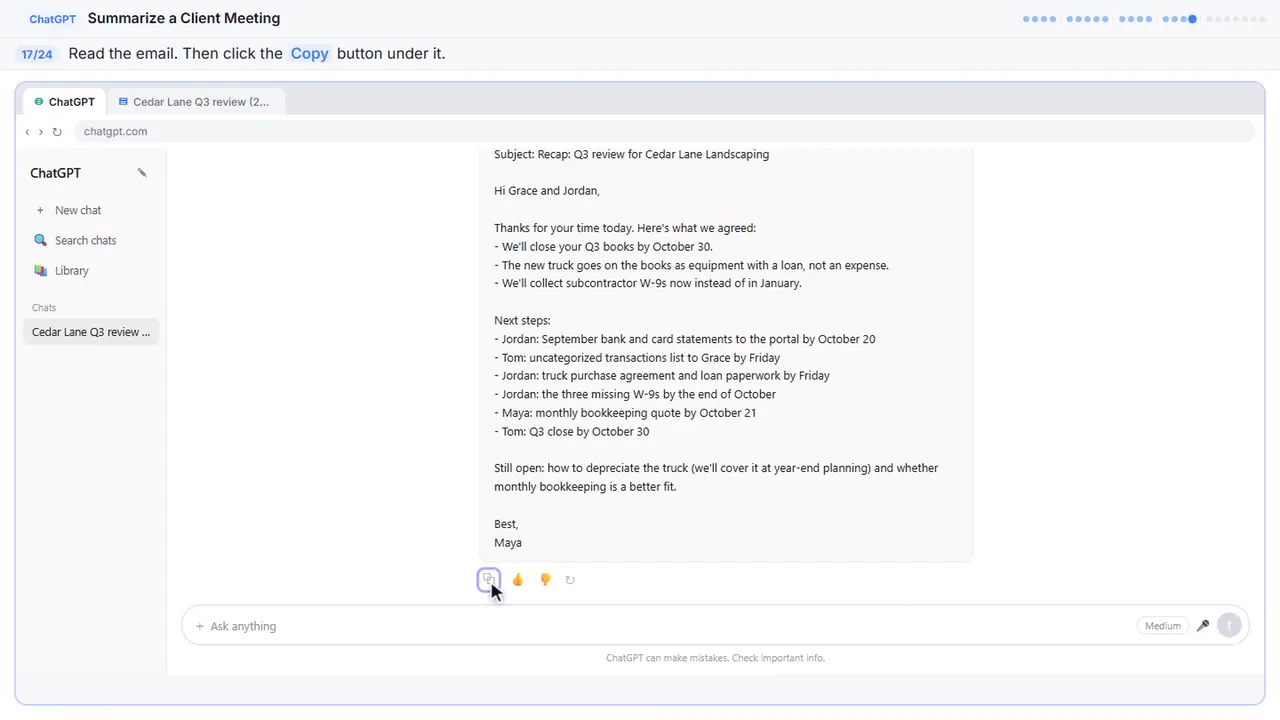 ChatGPT in Stepthrough’s practice copy, step 17 of 24 (Copy the email): the cursor is on “Copy”, highlighted.