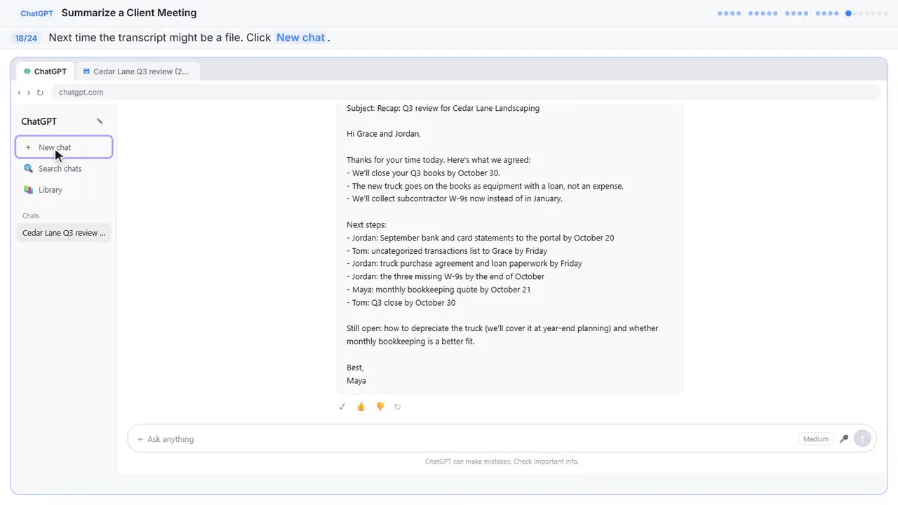 ChatGPT in Stepthrough’s practice copy, step 18 of 24 (Start a new chat): the cursor is on “New chat”, highlighted.