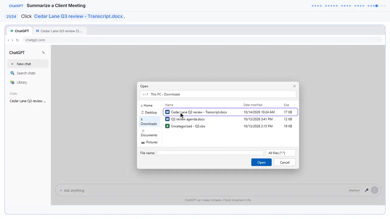 The file picker in Stepthrough’s practice copy, step 21 of 24 (Pick the transcript): the cursor is on “Cedar Lane Q3 review - Transcript.docx”, highlighted.