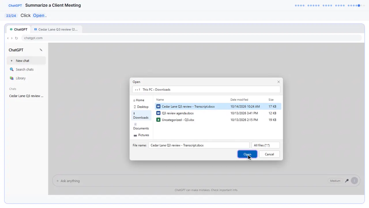 The file picker in Stepthrough’s practice copy, step 22 of 24 (Open it): the cursor is on “Open”, highlighted.