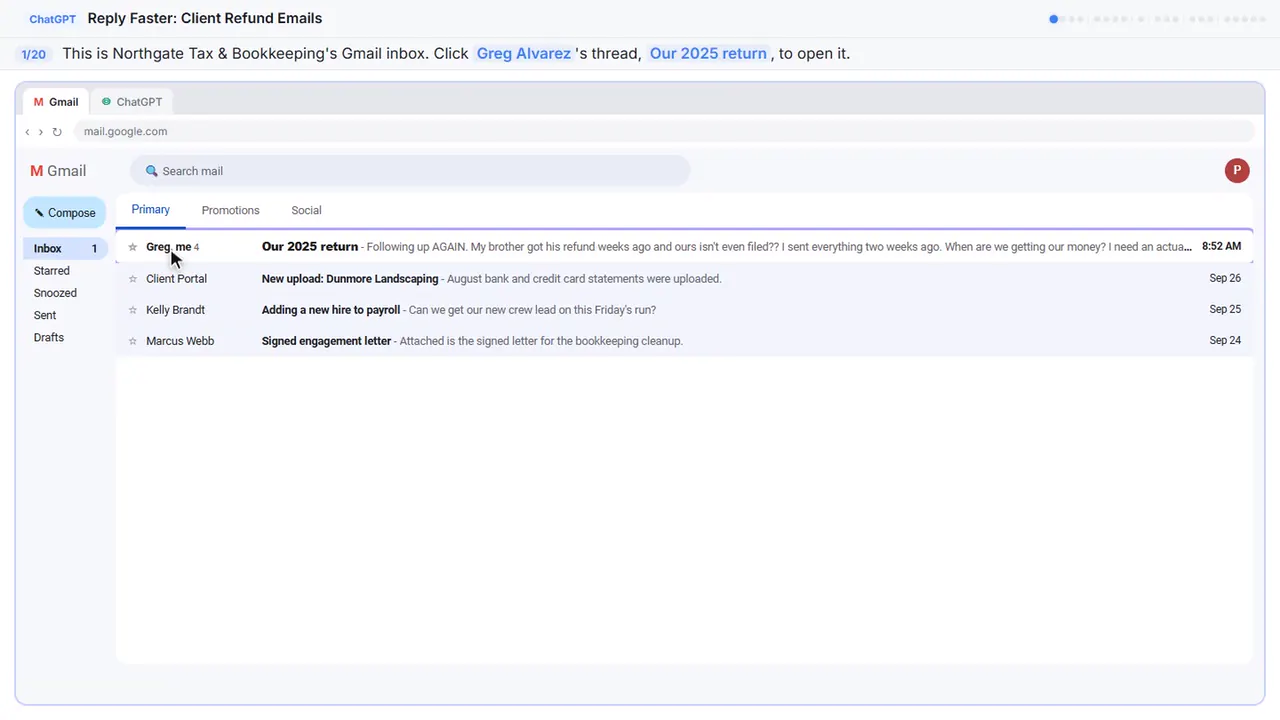 Gmail in Stepthrough’s practice copy, step 1 of 20 (Open the thread): the cursor is on “Greg Alvarez”, highlighted.
