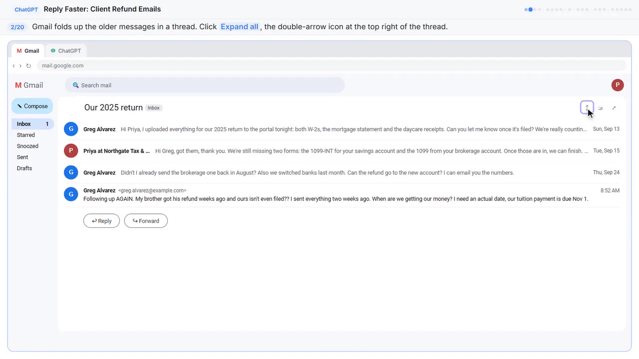 Gmail in Stepthrough’s practice copy, step 2 of 20 (Expand all messages): the cursor is on “Expand all”, highlighted.