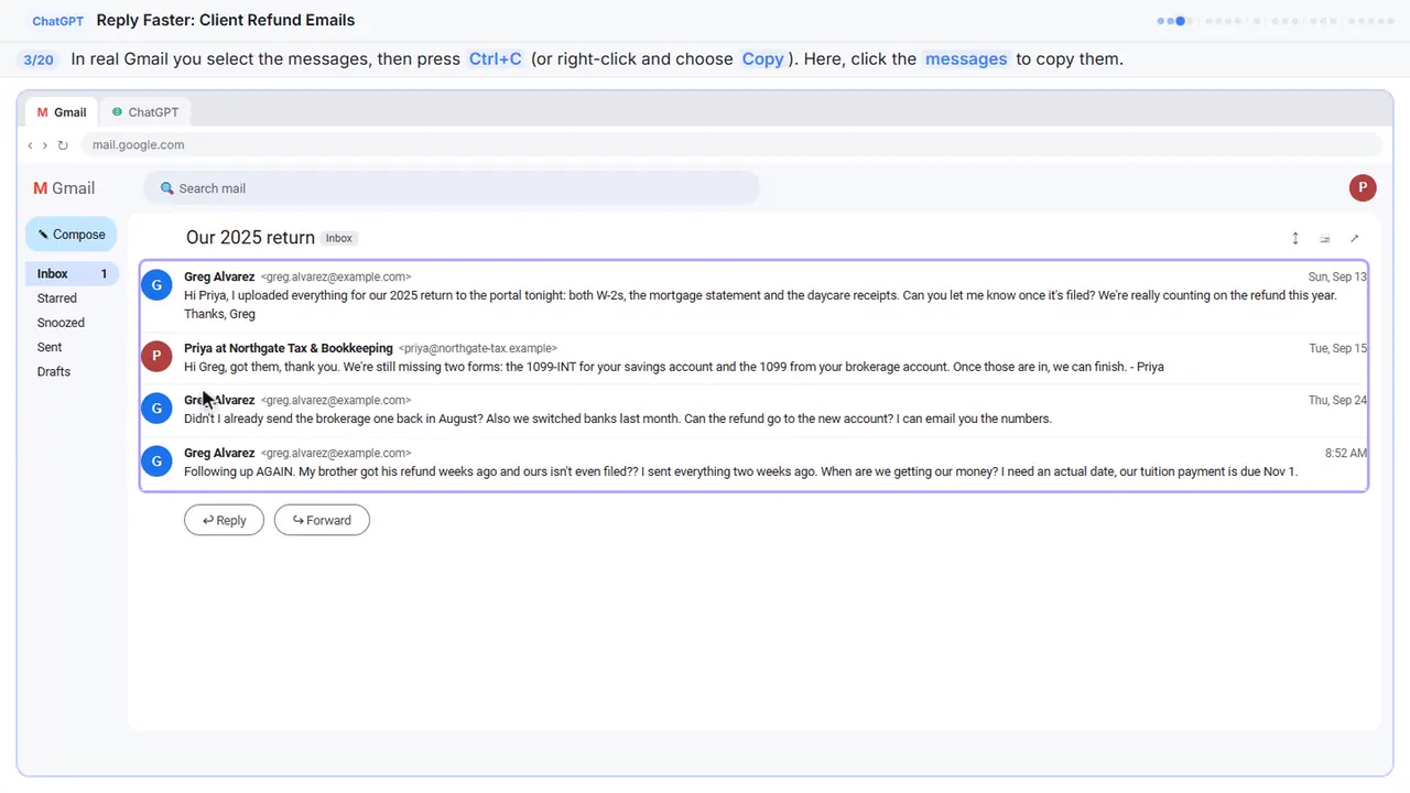 Gmail in Stepthrough’s practice copy, step 3 of 20 (Copy the thread): the cursor is on “Ctrl+C”, highlighted.