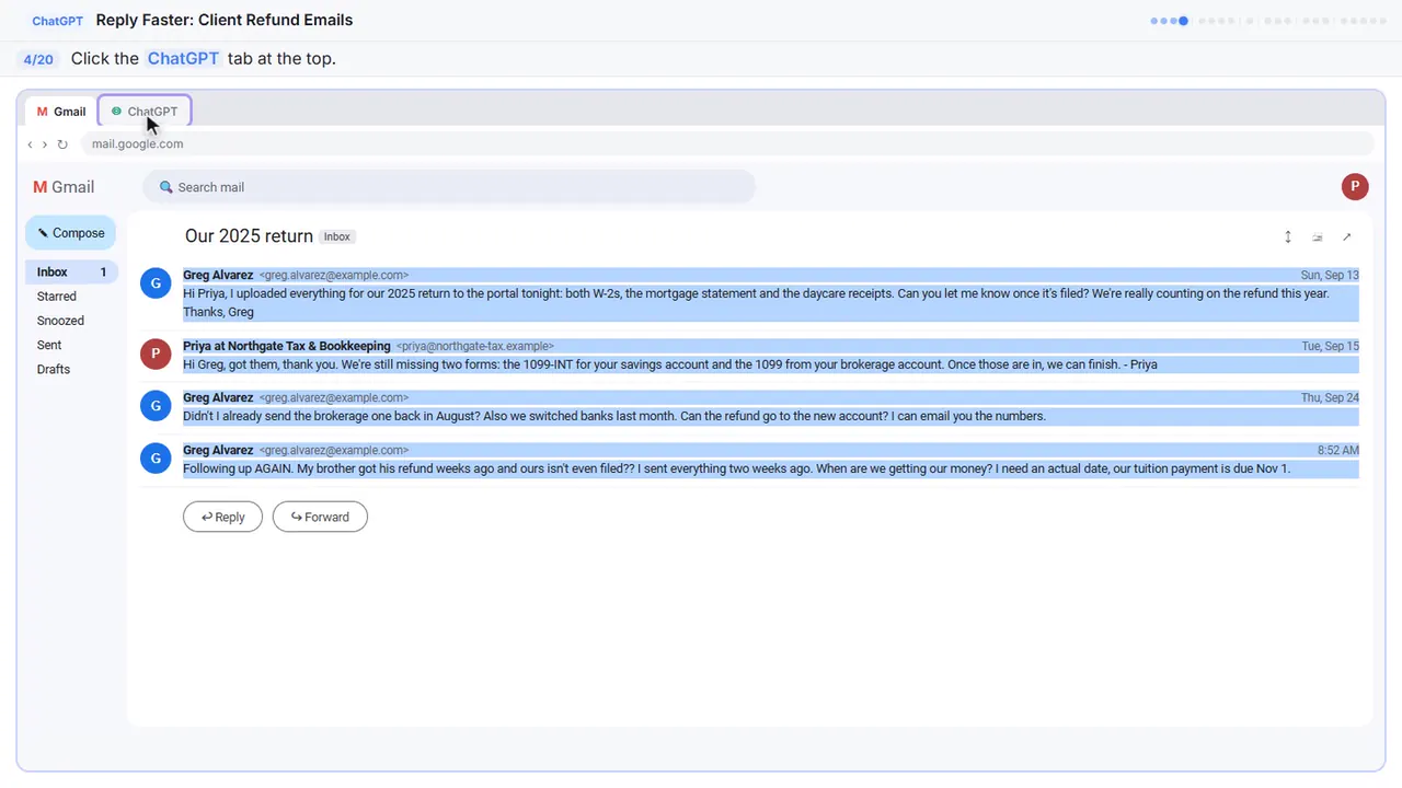 Gmail in Stepthrough’s practice copy, step 4 of 20 (Switch to ChatGPT): the cursor is on “ChatGPT”, highlighted.