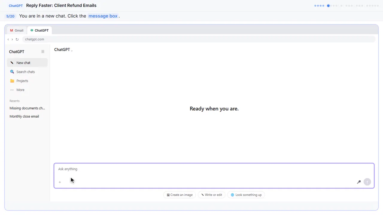 ChatGPT in Stepthrough’s practice copy, step 5 of 20 (Click the message box): the cursor is on “message box”, highlighted.