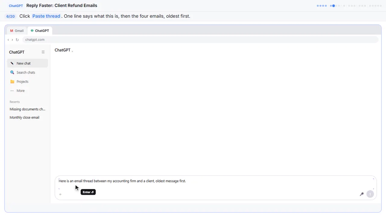ChatGPT in Stepthrough’s practice copy, step 6 of 20 (Paste the thread): the thread is filled in (“Here is an email thread between my accounting…”).