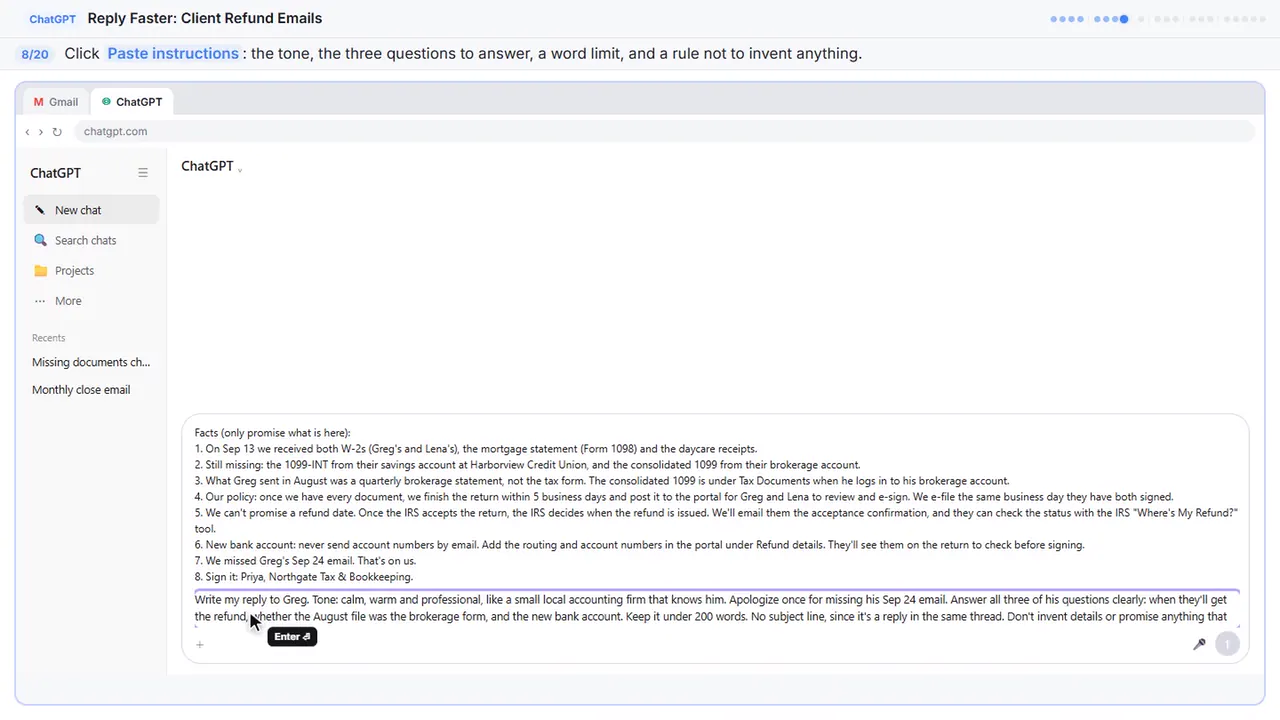 ChatGPT in Stepthrough’s practice copy, step 8 of 20 (Say what a good reply looks like): the instructions is filled in (“Write my reply to Greg. Tone: calm, warm and…”).