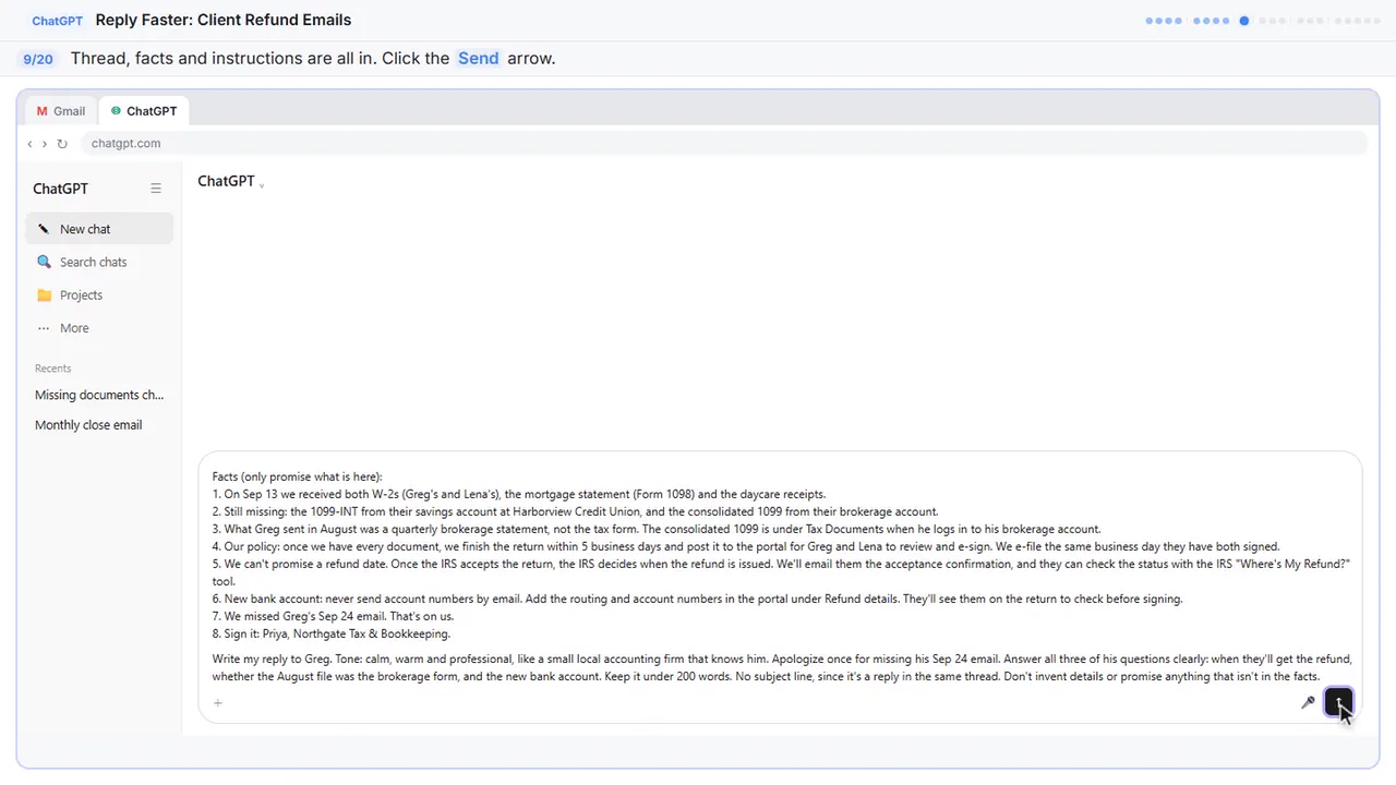 ChatGPT in Stepthrough’s practice copy, step 9 of 20 (Send it): the cursor is on “Send”, highlighted.