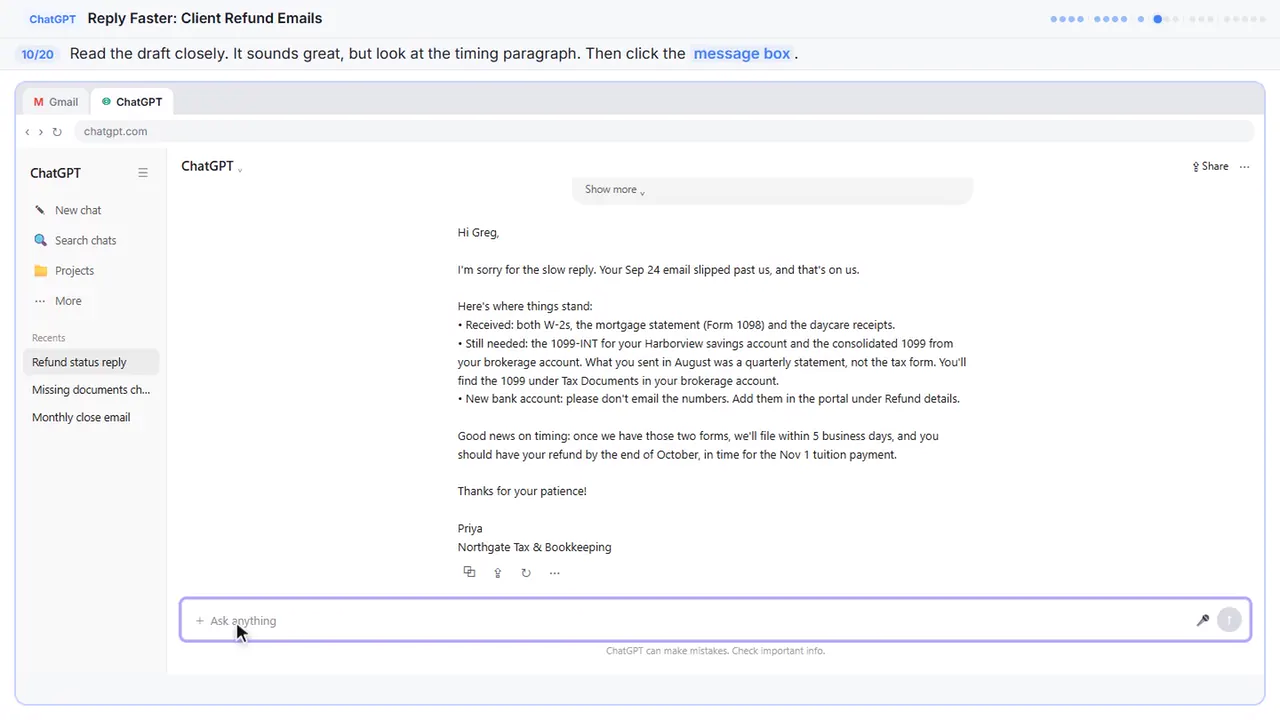 ChatGPT in Stepthrough’s practice copy, step 10 of 20 (Read the draft, then click the message box): the cursor is on “message box”, highlighted.