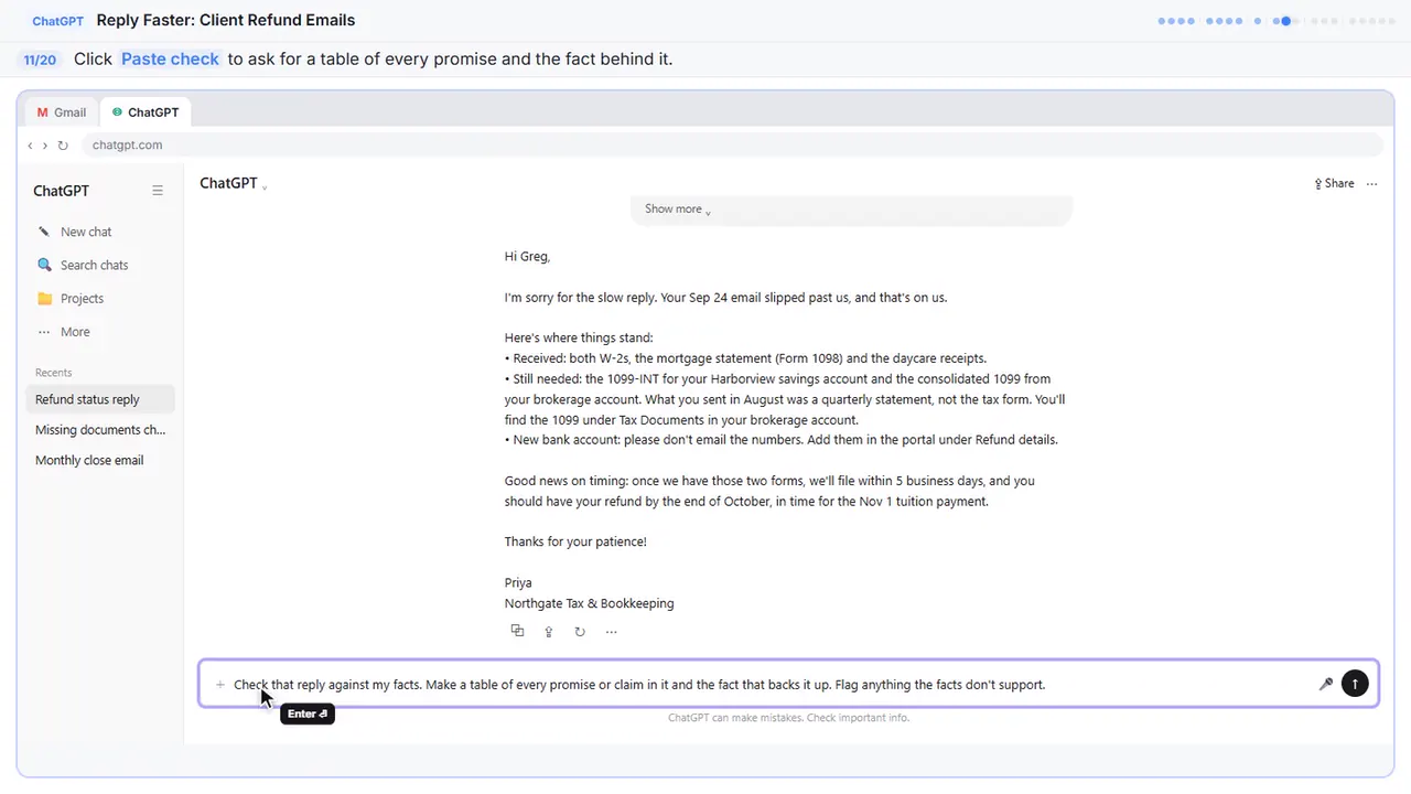 ChatGPT in Stepthrough’s practice copy, step 11 of 20 (Ask ChatGPT to check its promises): the check is filled in (“Check that reply against my facts. Make a…”).