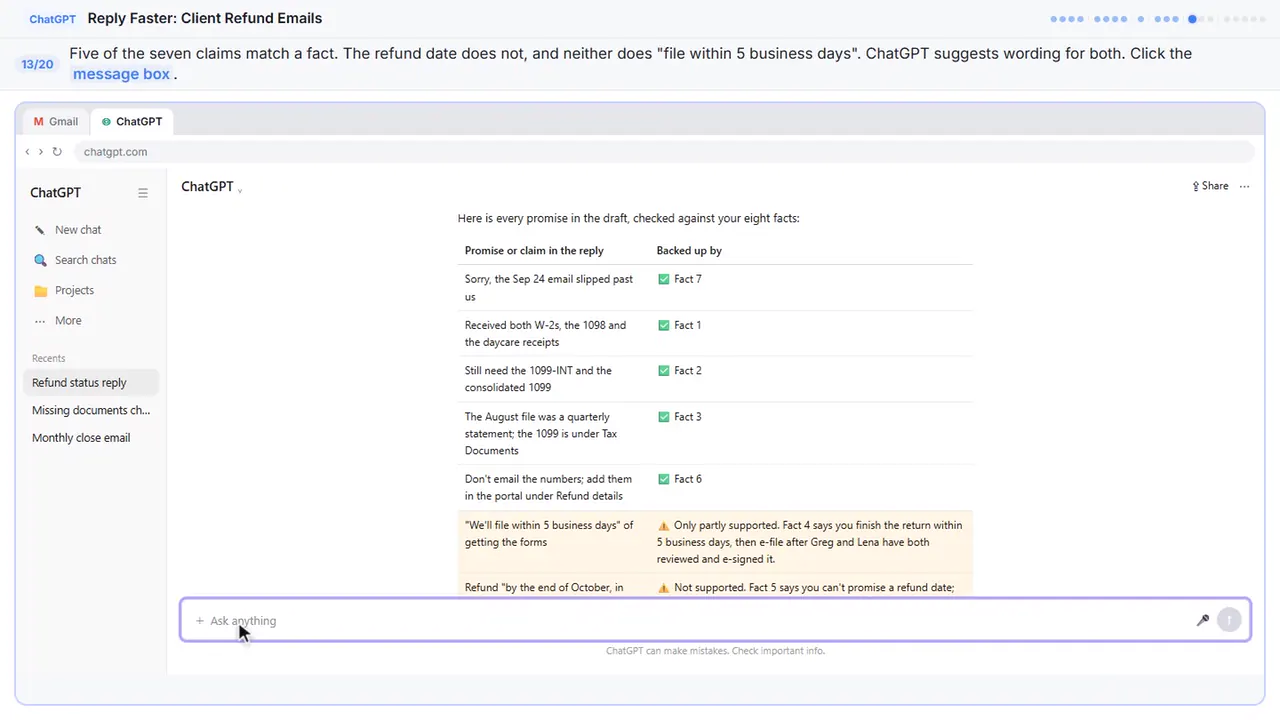 ChatGPT in Stepthrough’s practice copy, step 13 of 20 (Read the table, then click the message box): the cursor is on “message box”, highlighted.