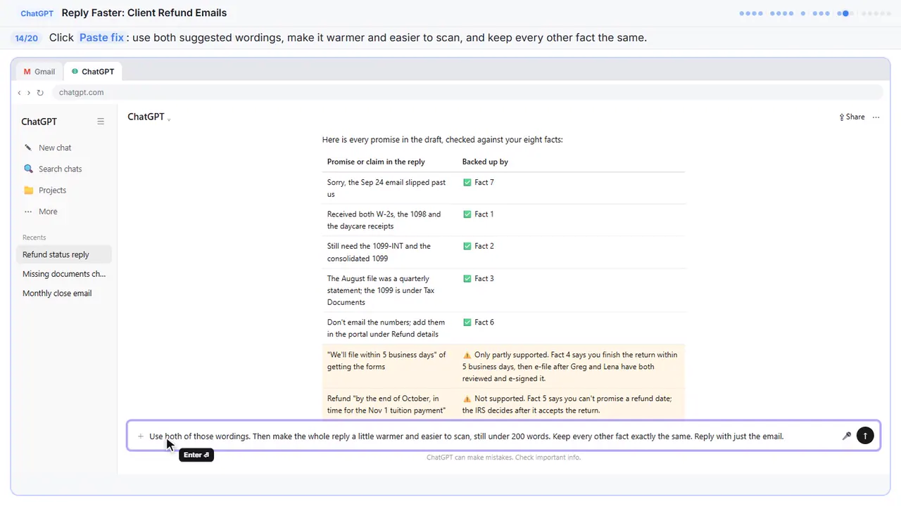 ChatGPT in Stepthrough’s practice copy, step 14 of 20 (Ask for specific changes): the fix is filled in (“Use both of those wordings. Then make the…”).