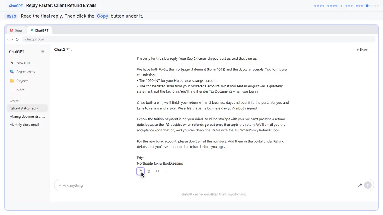 ChatGPT in Stepthrough’s practice copy, step 16 of 20 (Copy the reply): the cursor is on “Copy”, highlighted.