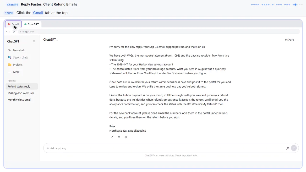 ChatGPT in Stepthrough’s practice copy, step 17 of 20 (Go back to Gmail): the cursor is on “Gmail”, highlighted.