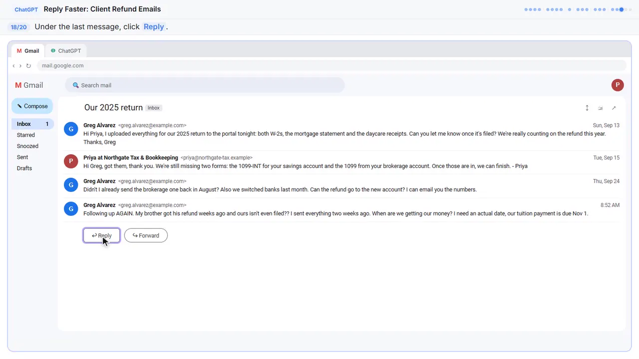 Gmail in Stepthrough’s practice copy, step 18 of 20 (Click Reply): the cursor is on “Reply”, highlighted.
