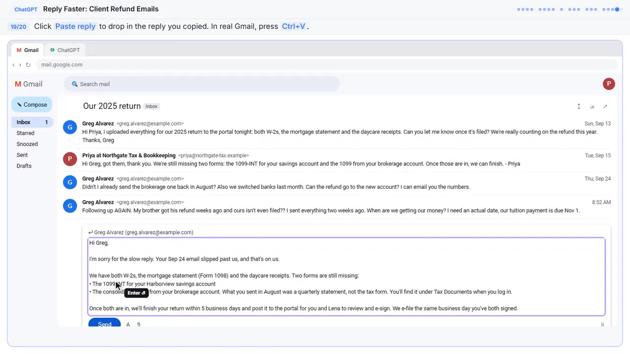 Gmail in Stepthrough’s practice copy, step 19 of 20 (Paste the reply): the reply is filled in (“Hi Greg, I'm sorry for the slow reply. Your…”).