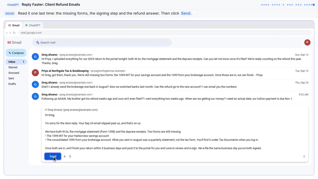 Gmail in Stepthrough’s practice copy, step 20 of 20 (Read it, then send): the cursor is on “Send”, highlighted.