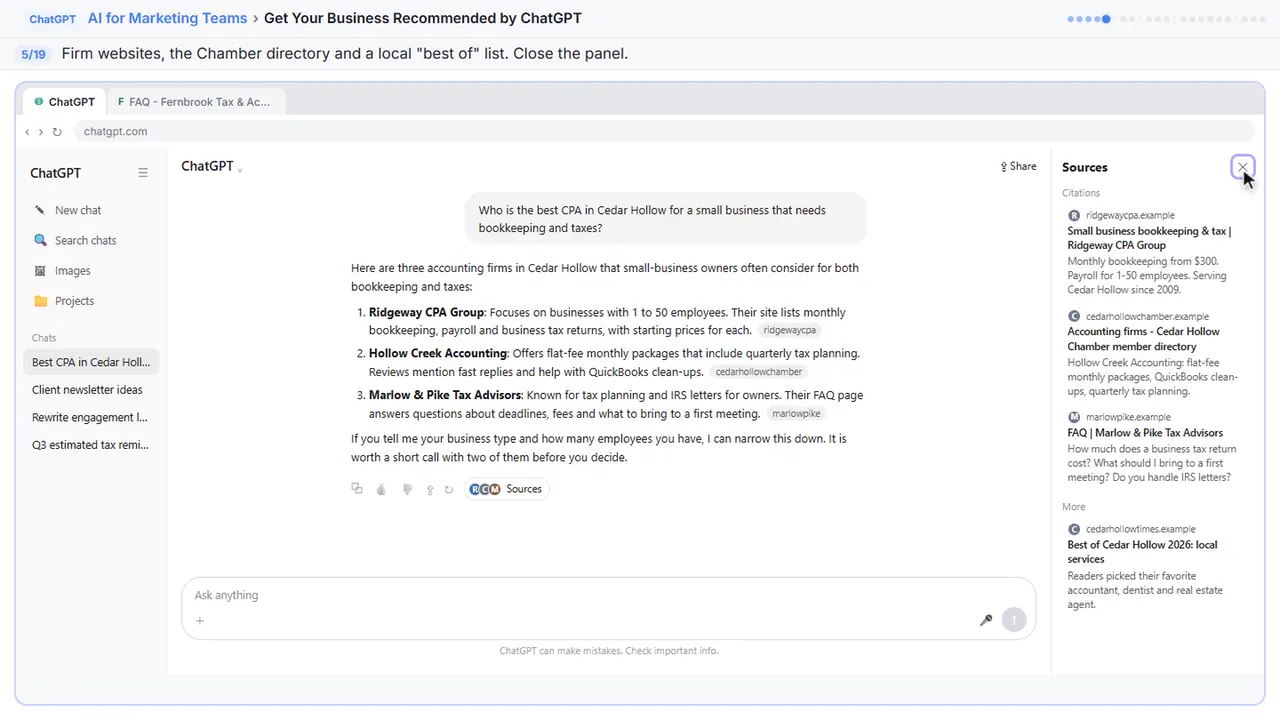 ChatGPT in Stepthrough’s practice copy, step 5 of 19 (Close Sources): the cursor is on “Close Sources”, highlighted.