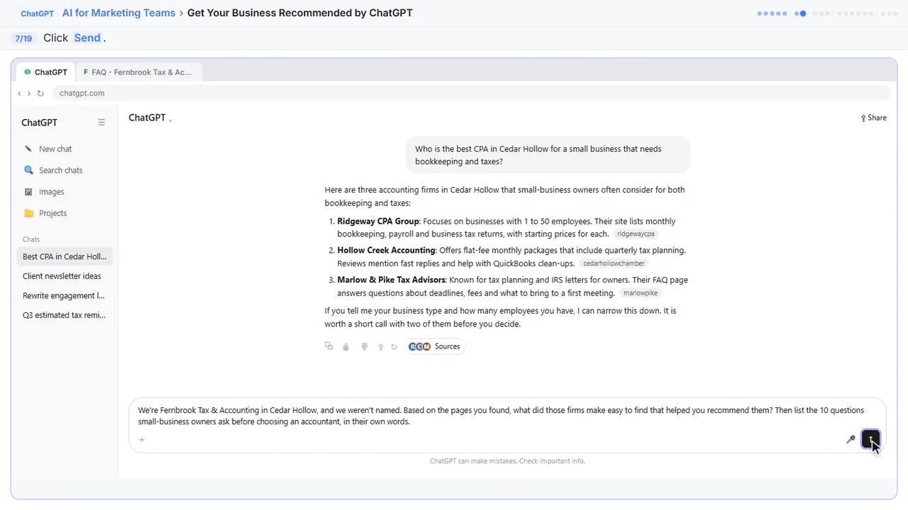 ChatGPT in Stepthrough’s practice copy, step 7 of 19 (Send it): the cursor is on “Send”, highlighted.