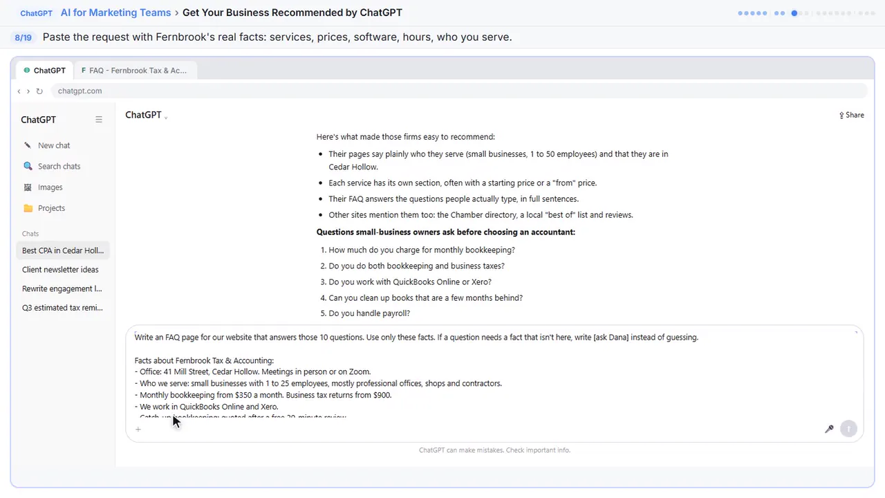 ChatGPT in Stepthrough’s practice copy, step 8 of 19 (Give it your facts): the request is filled in (“Write an FAQ page for our website that answers…”).