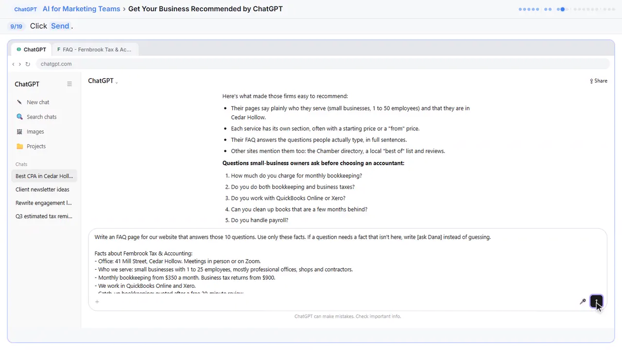 ChatGPT in Stepthrough’s practice copy, step 9 of 19 (Send it): the cursor is on “Send”, highlighted.
