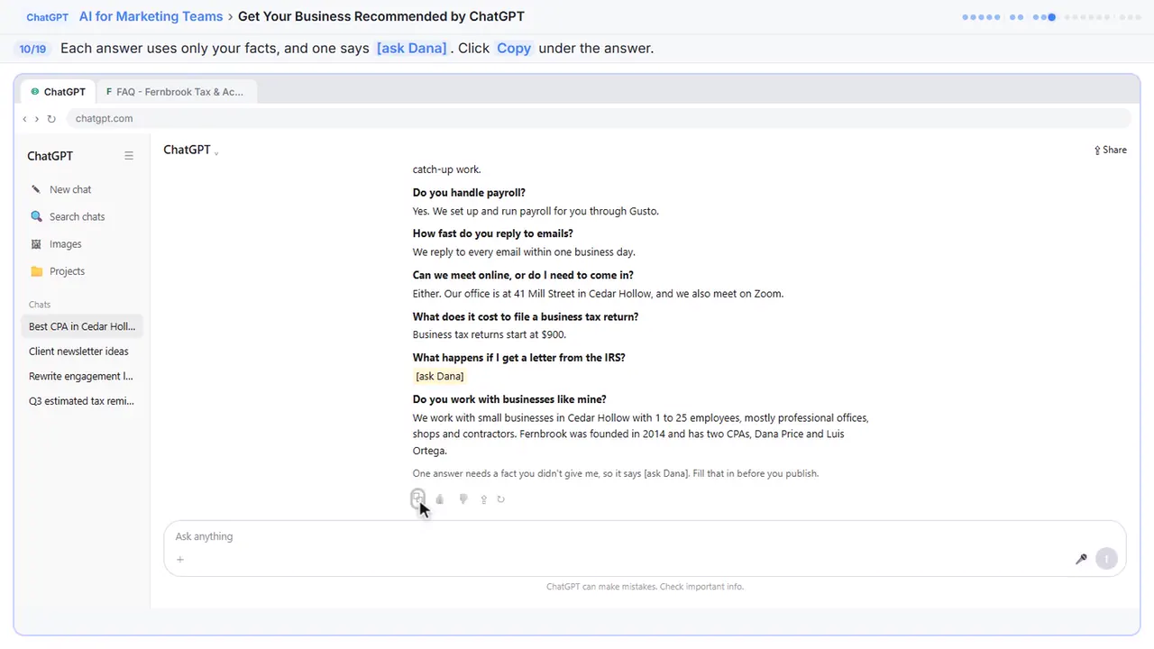 ChatGPT in Stepthrough’s practice copy, step 10 of 19 (Copy it): the cursor is on “[ask Dana]”, highlighted.