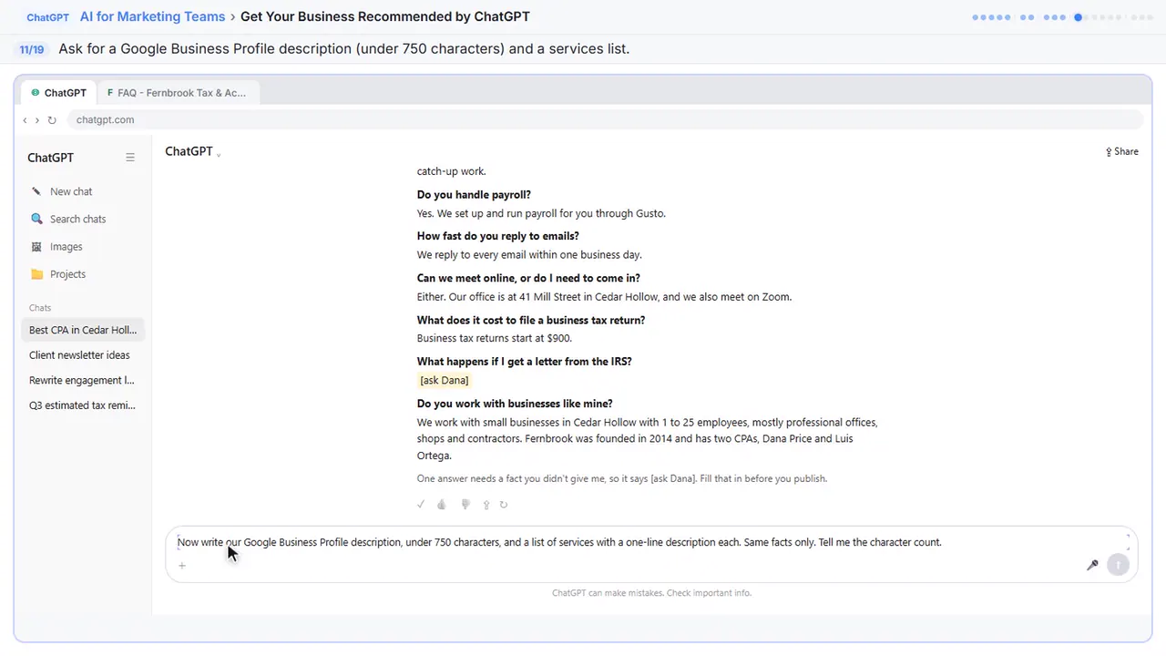 ChatGPT in Stepthrough’s practice copy, step 11 of 19 (Your Business Profile): the request is filled in (“Now write our Google Business Profile…”).