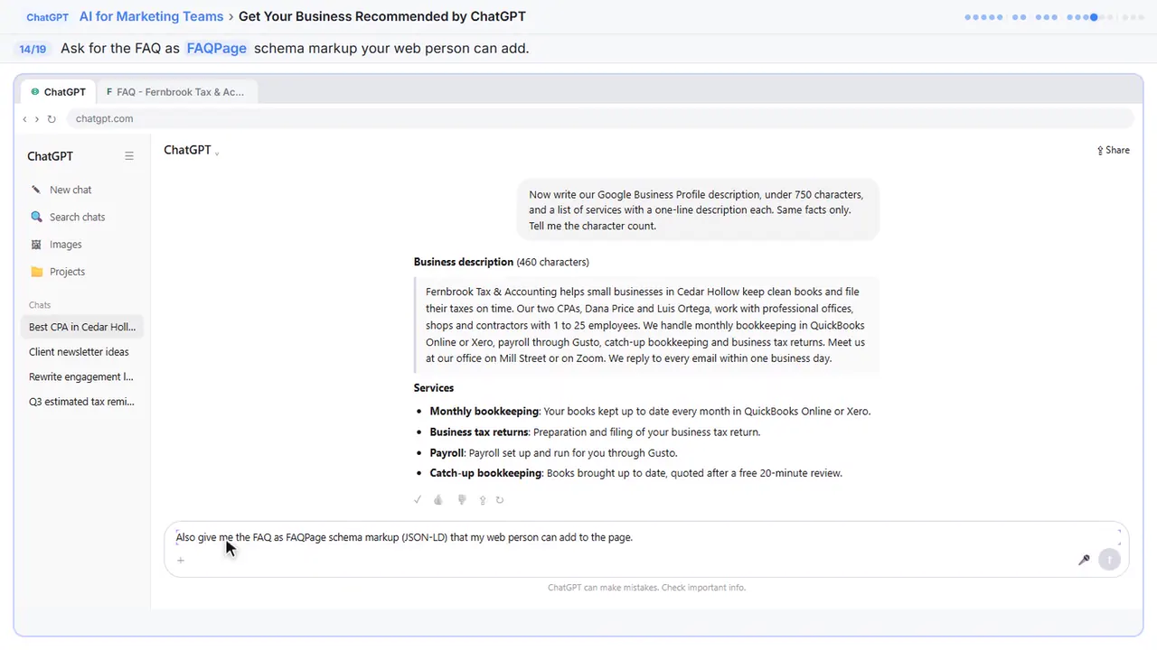 ChatGPT in Stepthrough’s practice copy, step 14 of 19 (Ask for FAQ markup): the request is filled in (“Also give me the FAQ as FAQPage schema markup…”).