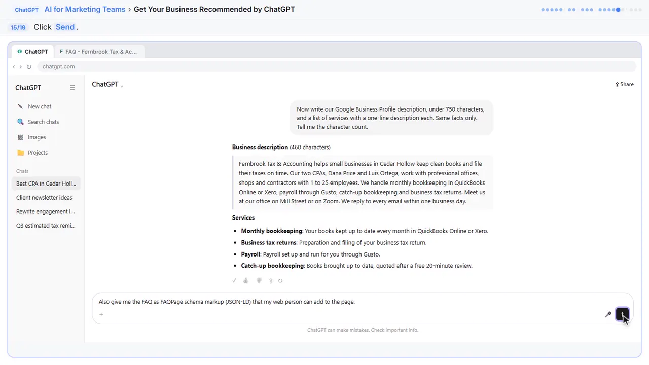 ChatGPT in Stepthrough’s practice copy, step 15 of 19 (Send it): the cursor is on “Send”, highlighted.