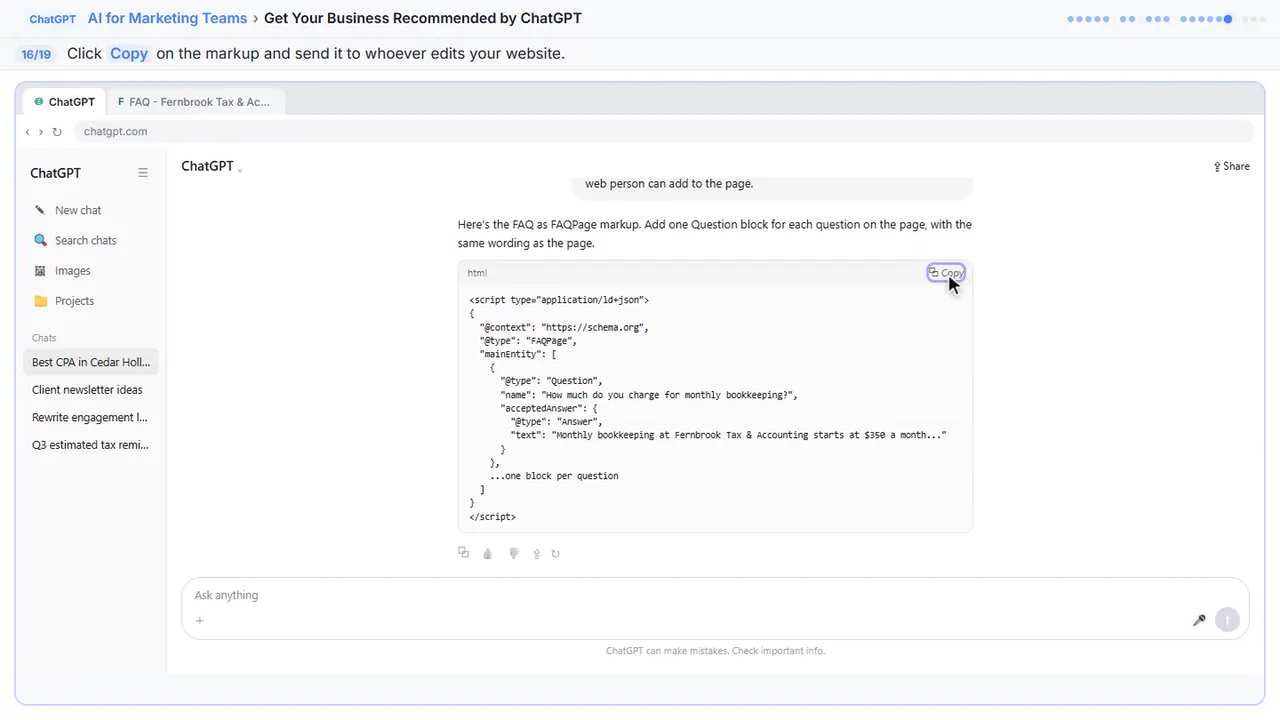 ChatGPT in Stepthrough’s practice copy, step 16 of 19 (Copy it): the cursor is on “Copy”, highlighted.