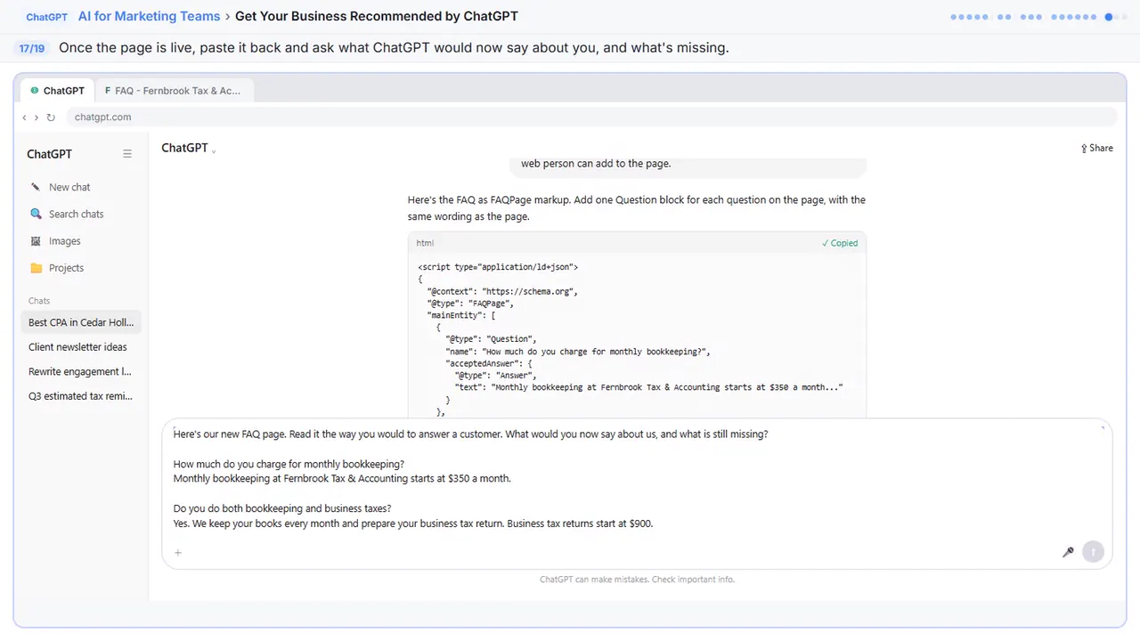 ChatGPT in Stepthrough’s practice copy, step 17 of 19 (Read it like an AI would): the page is filled in (“Here's our new FAQ page. Read it the way you…”).